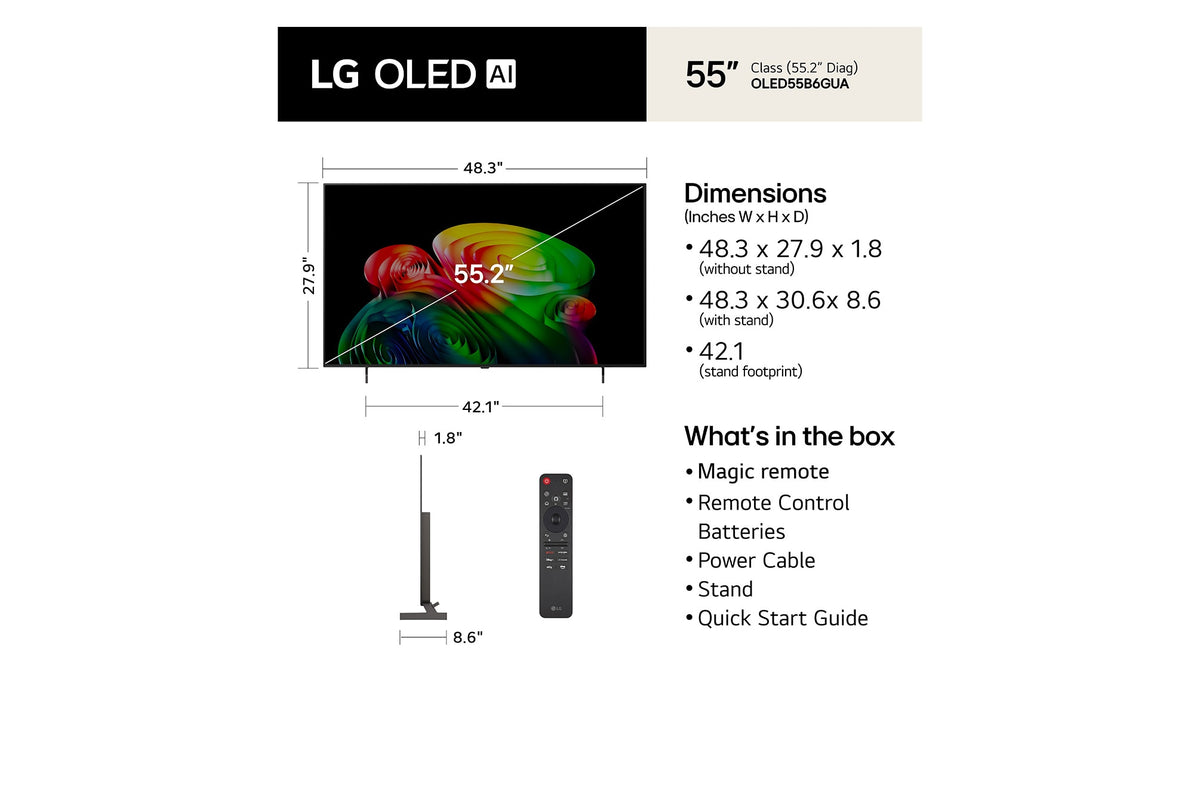 LG OLED AI B6E 55" 4K Smart TV (OLED55B6EUA), dimensions and what's in the box