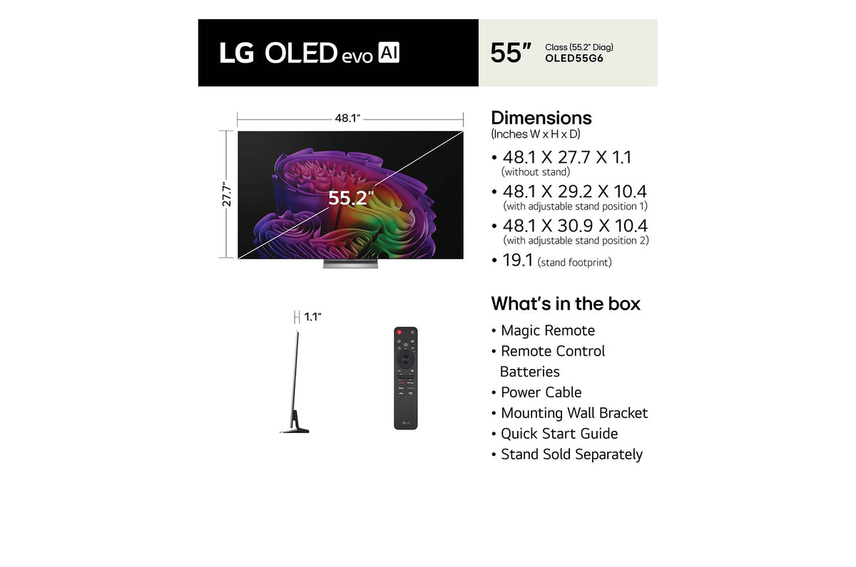 LG OLED evo AI G6 55" 4K Smart TV (OLED55G6SUB), dimensions and what's in the box