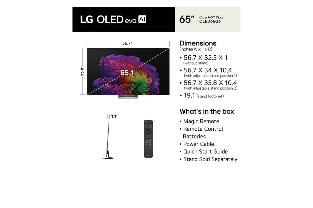 LG OLED evo AI G6 65" 4K Smart TV (OLED65G6SUB), dimensions and what's in the box