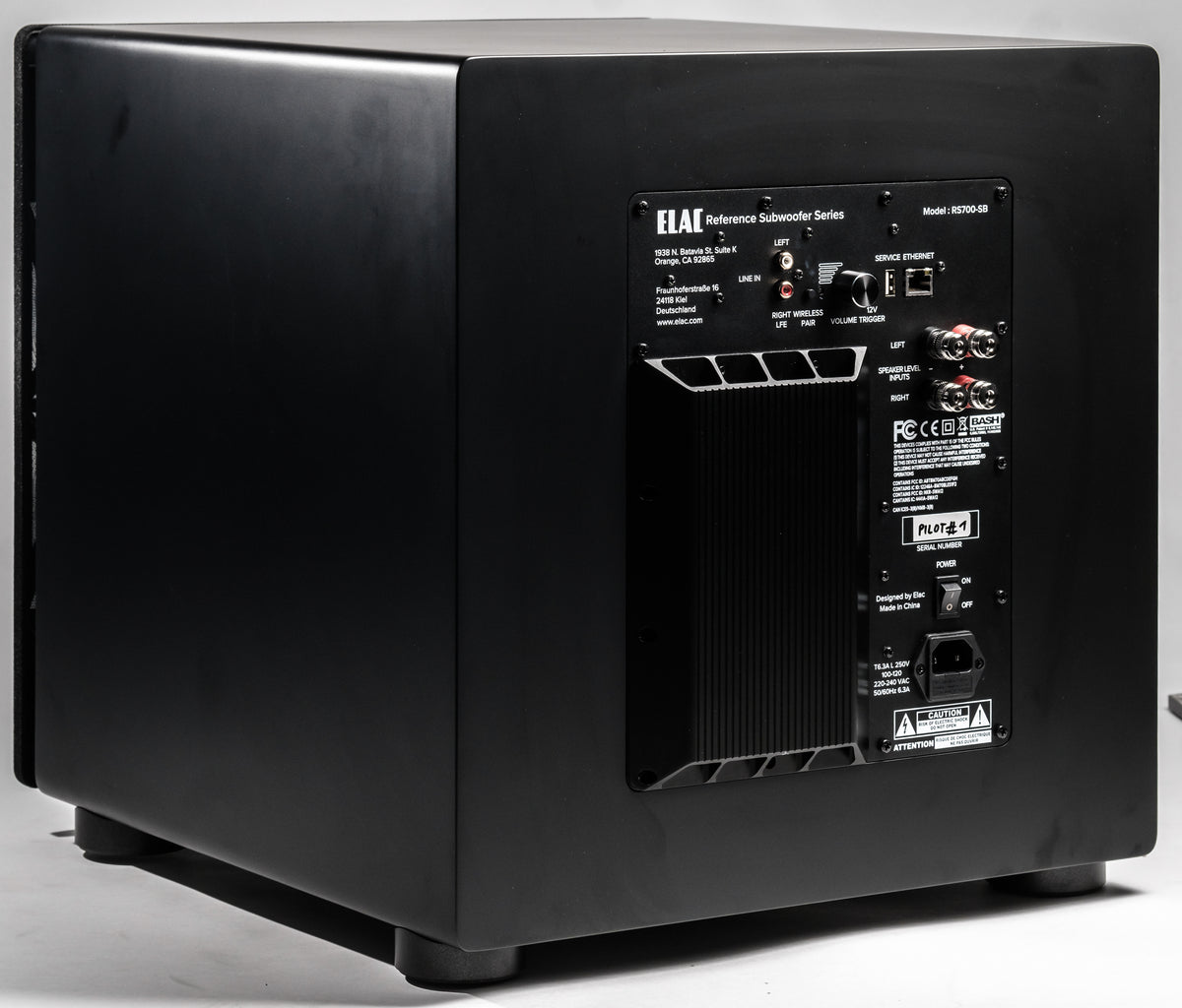 Elac Varro Reference RS700 subwoofer in Satin Black, angled view