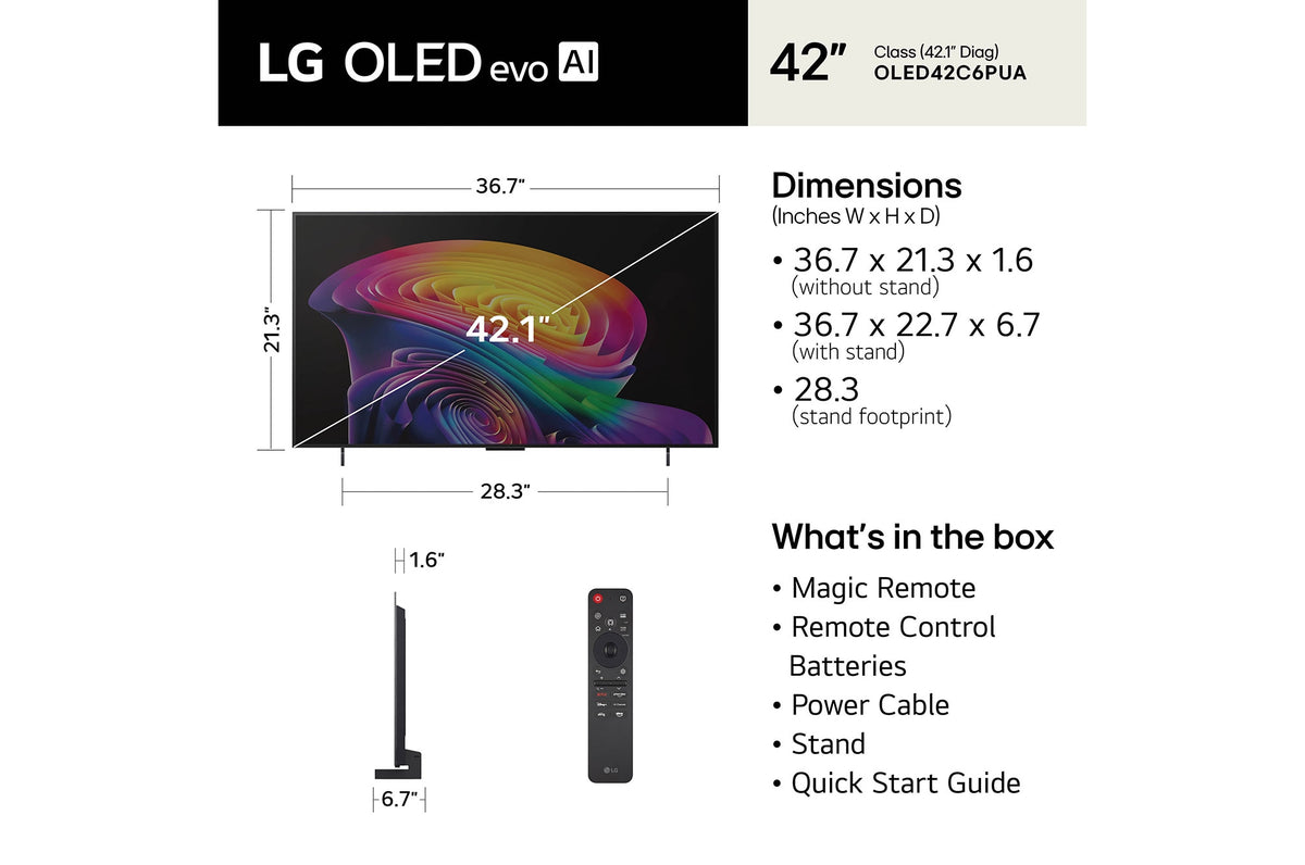 LG OLED evo AI C6 42" 4K Smart TV (OLED42C6PUA), dimensions and what's in the box