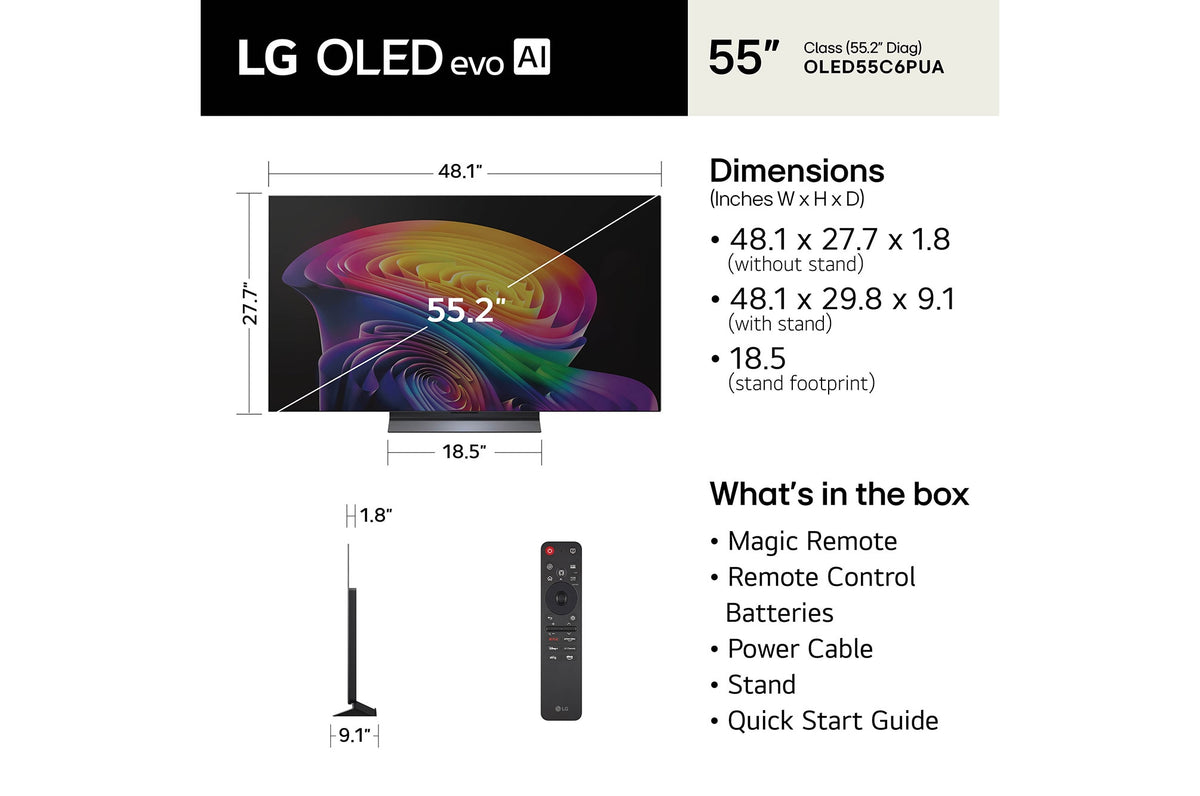 LG OLED evo AI C6 55" 4K Smart TV (OLED55C6PUA), dimensions and what's in the box