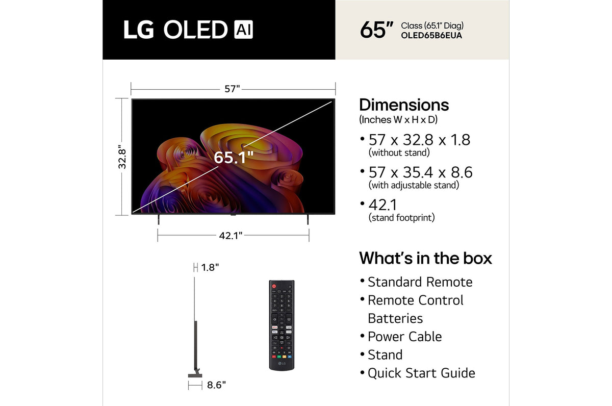 LG OLED AI B6E 65" 4K Smart TV (OLED65B6EUA), dimensions and what's in the box