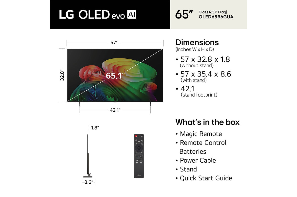 LG OLED AI B6 65" 4K Smart TV (OLED65B6GUA), dimensions and what's in the box