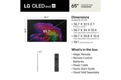 LG OLED evo AI G6 65" 4K Smart TV (OLED65G6WUA), dimensions and what's in the box