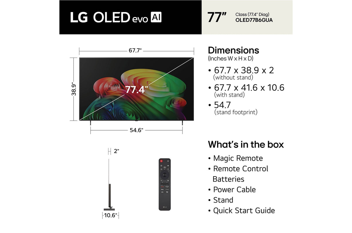 LG OLED AI B6 77" 4K Smart TV (OLED77B6GUA), dimensions and what's in the box