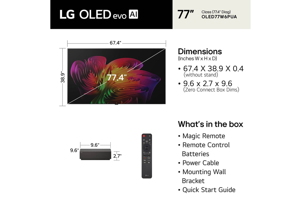 LG OLED evo AI W6 Wallpaper TV 77" 4K Smart TV (OLED77W6PUA), dimensions and what's in the box