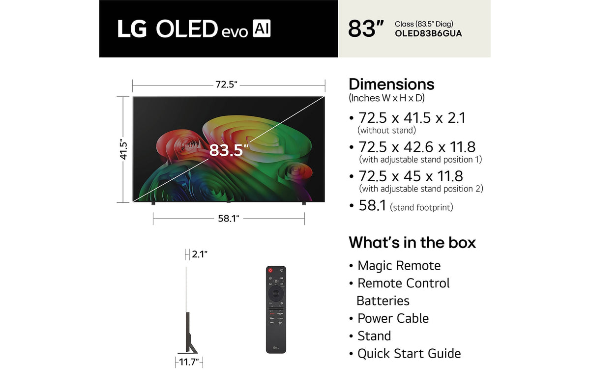 LG OLED AI B6 83" 4K Smart TV (OLED83B6GUA), dimensions and what's in the box