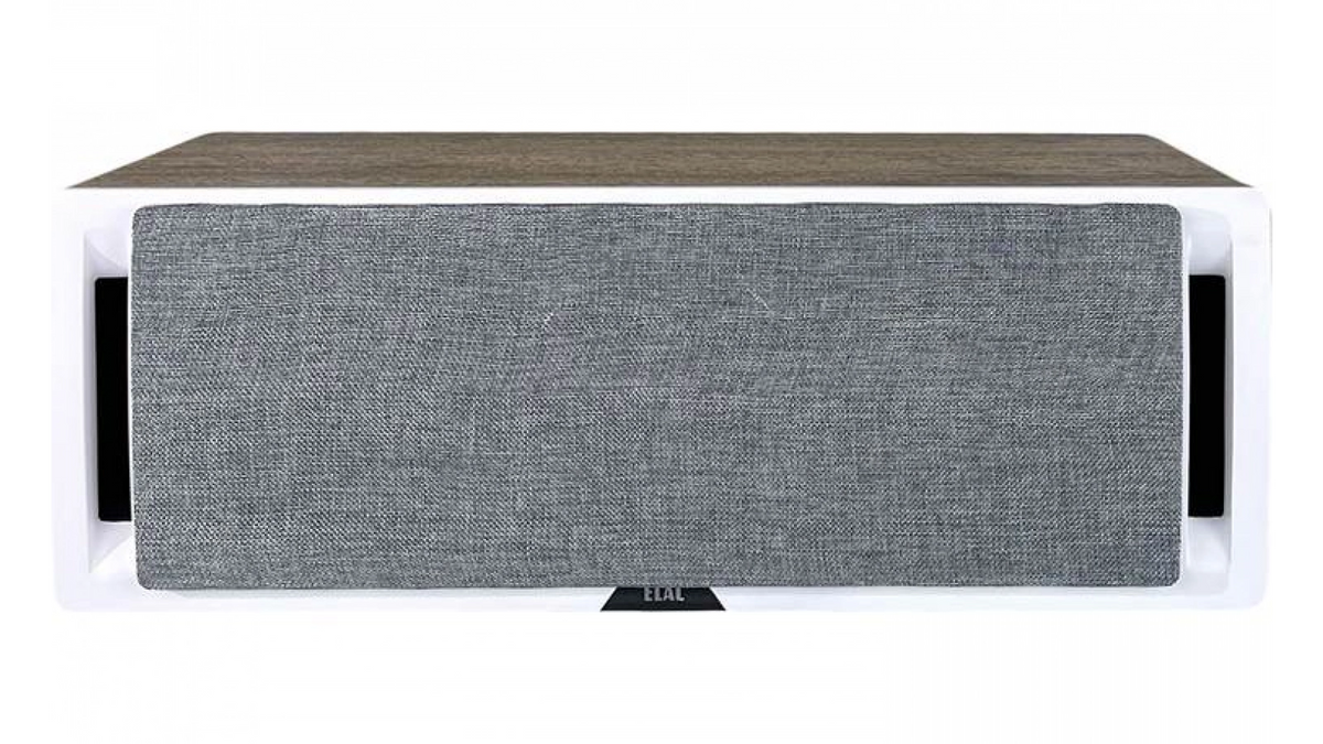 Elac UCR52 in Oak-White, front view with grille