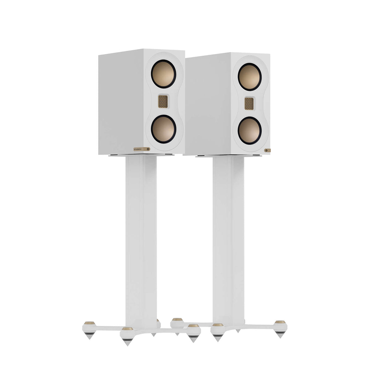 Monitor Audio Studio 89 in High Gloss White, on Studio 89 Stands