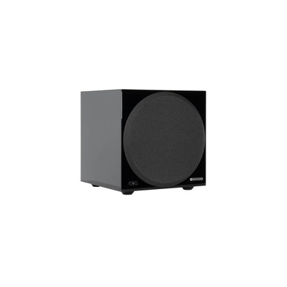 Monitor Audio Anthra W10 in High Gloss Black, angled view with grille