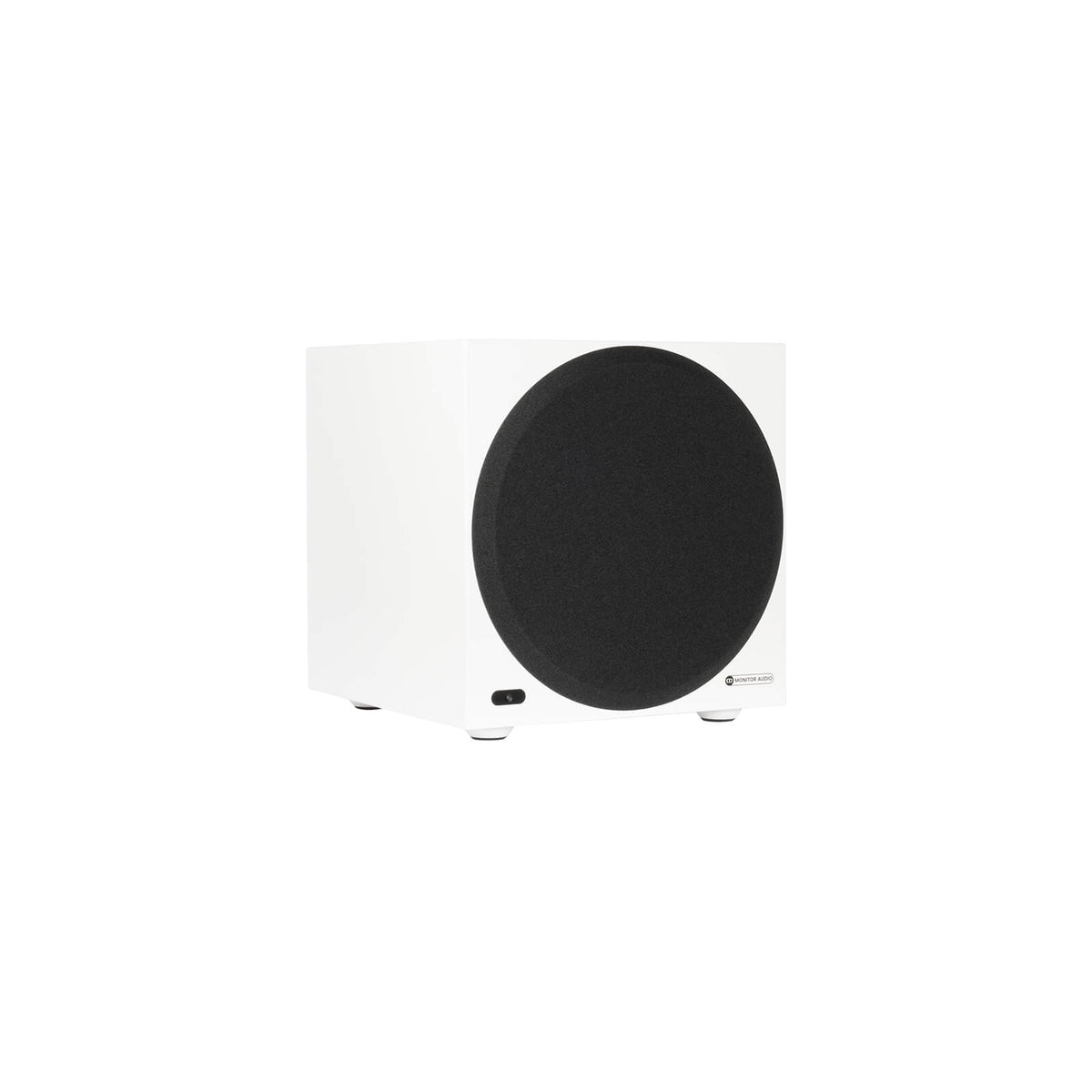 Monitor Audio Anthra W10 in Satin White, angled view with grille