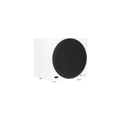 Monitor Audio Anthra W10 in Satin White, angled view with grille