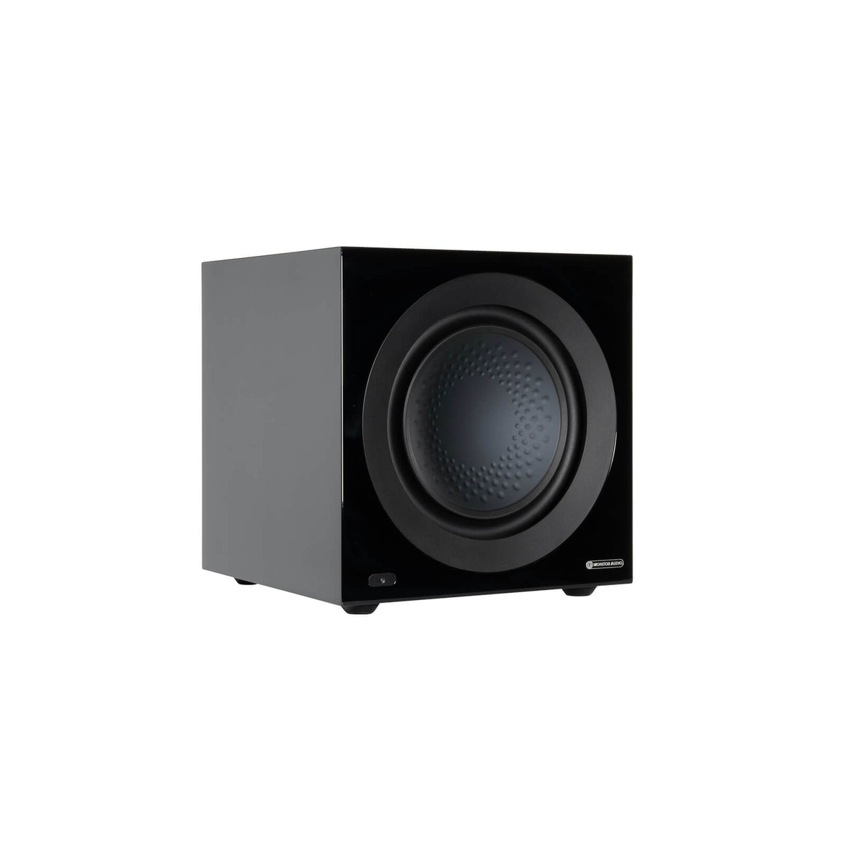 Monitor Audio Anthra W12 in High Gloss Black, angled view