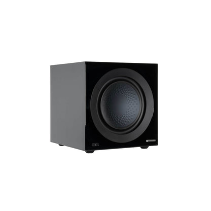 Monitor Audio Anthra W12 in High Gloss Black, angled view