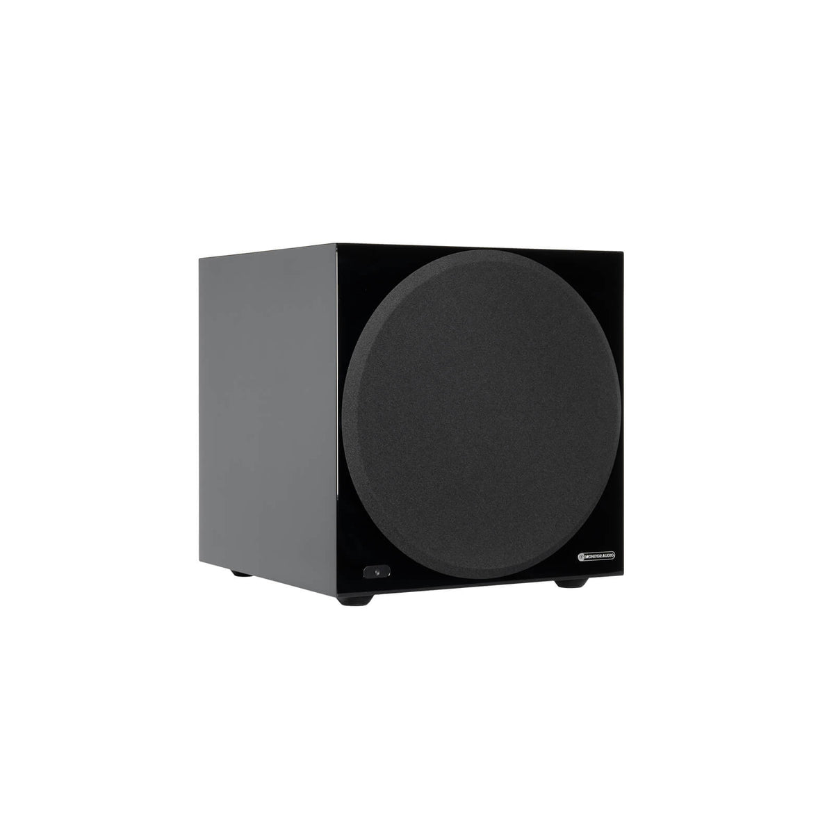 Monitor Audio Anthra W12 in High Gloss Black, angled view with grille