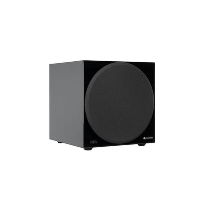 Monitor Audio Anthra W12 in High Gloss Black, angled view with grille