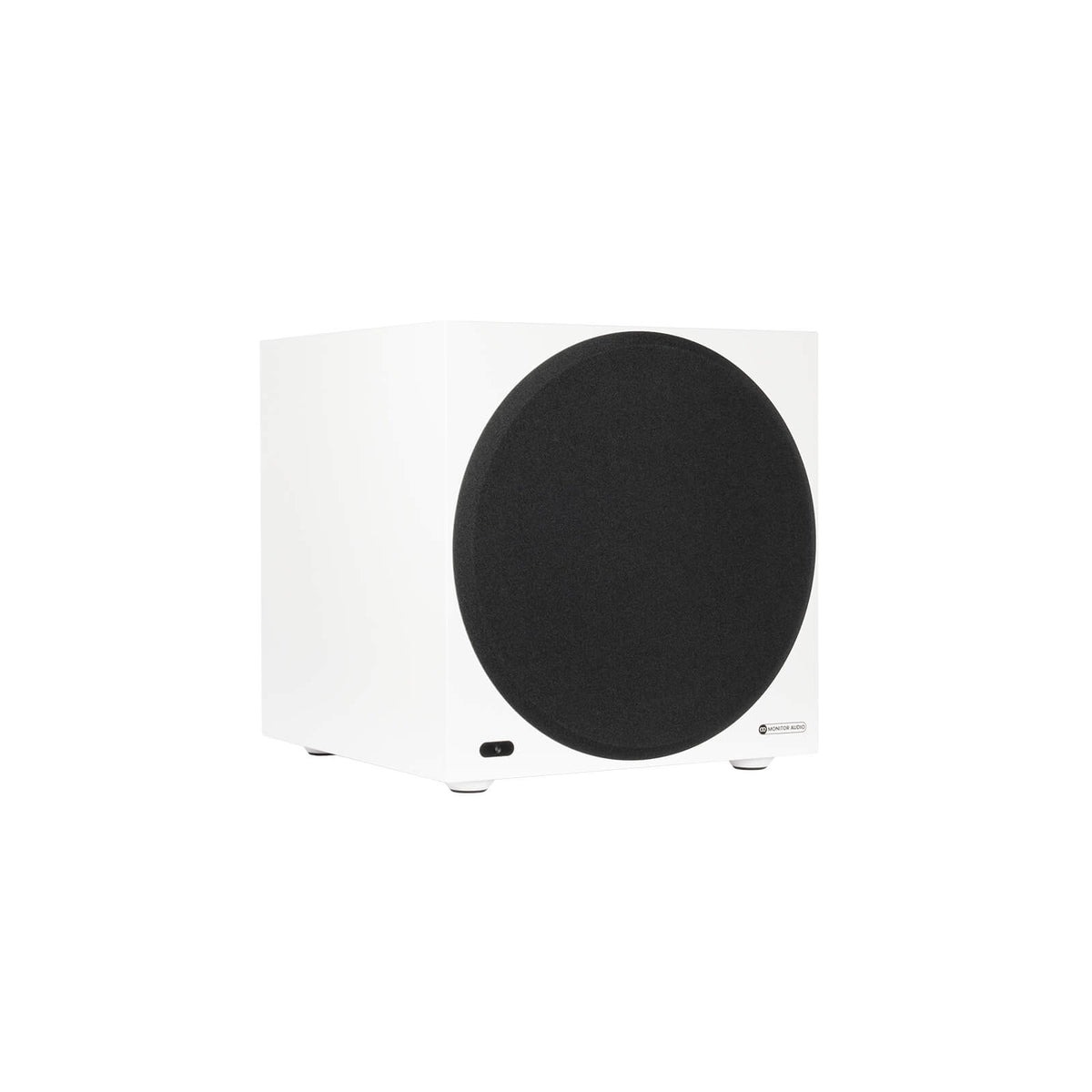 Monitor Audio Anthra W12 in Satin White, angled view with grille