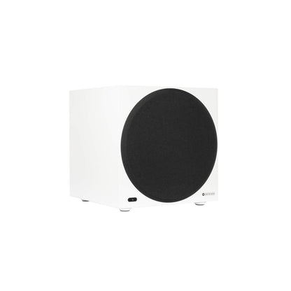 Monitor Audio Anthra W12 in Satin White, angled view with grille