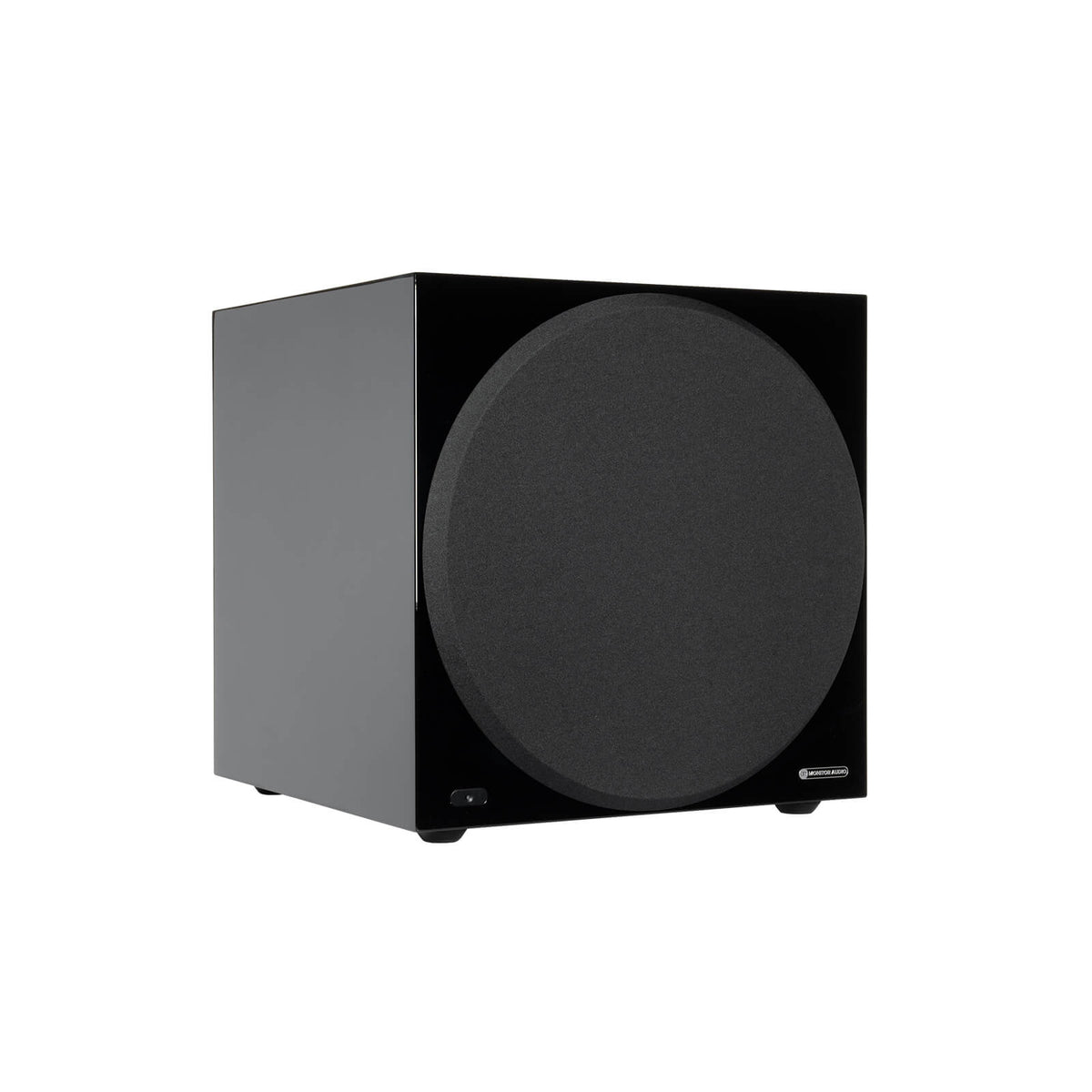 Monitor Audio Anthra W15 in High Gloss Black, angled view with grille