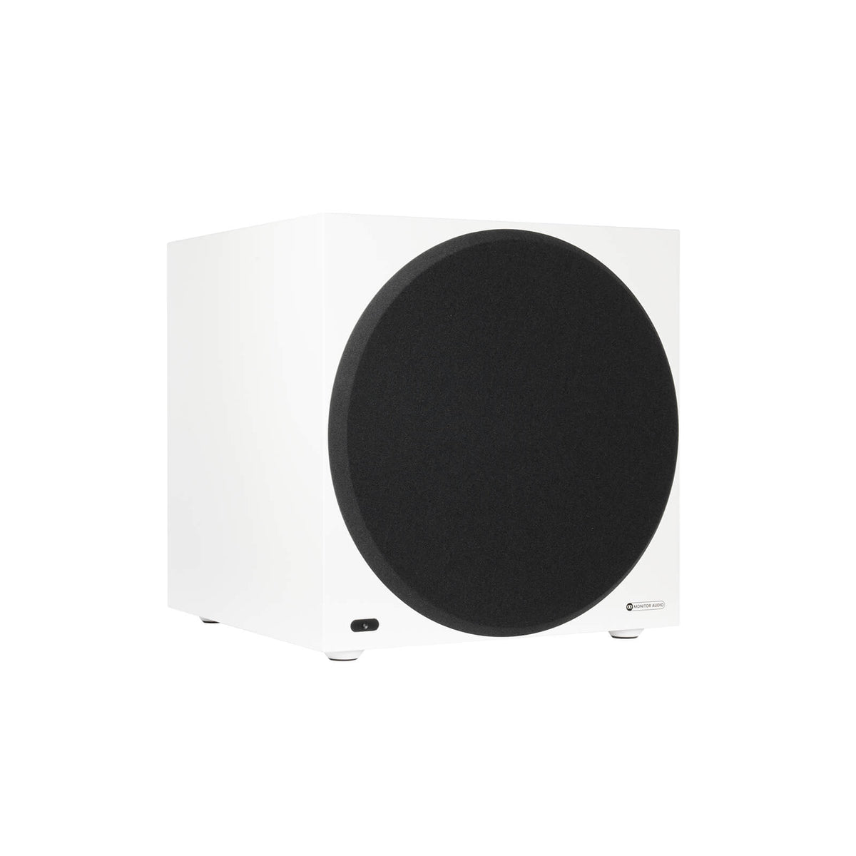 Monitor Audio Anthra W15 in Satin White, angled view with grille