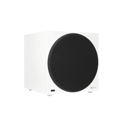 Monitor Audio Anthra W15 in Satin White, angled view with grille
