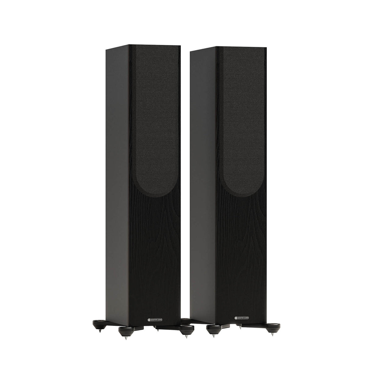Monitor Audio Bronze 300 7G in Black, angled view with grilles