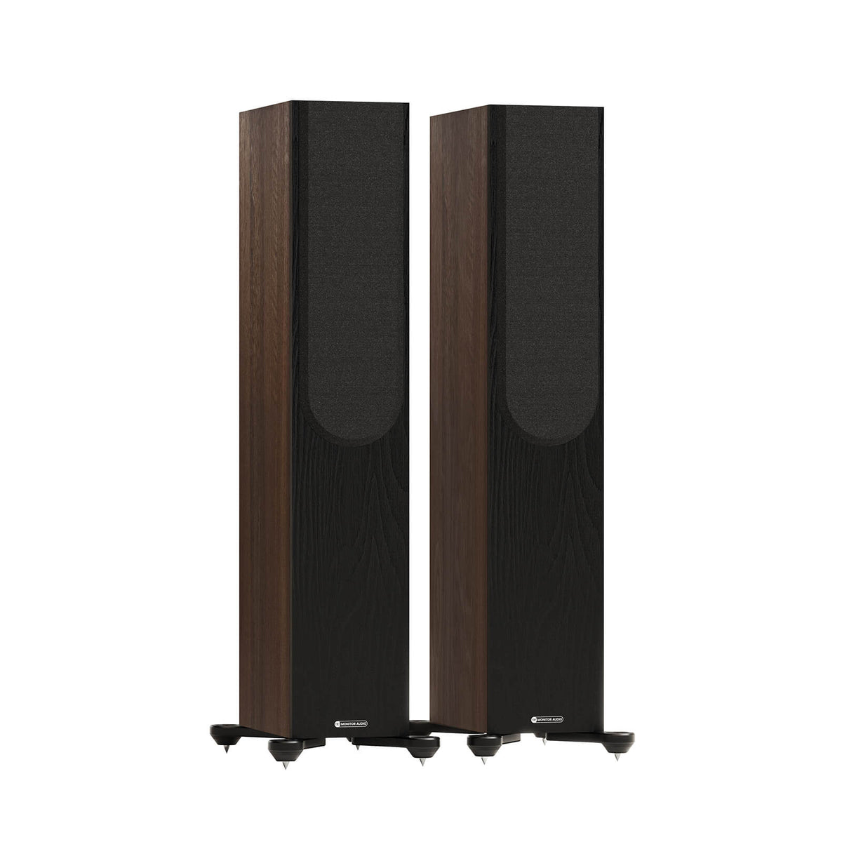 Monitor Audio Bronze 300 7G in Walnut, angled view with grilles