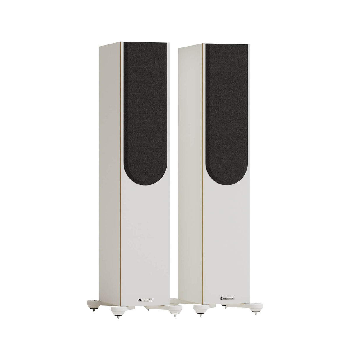 Monitor Audio Bronze 300 7G in White, angled view with grilles