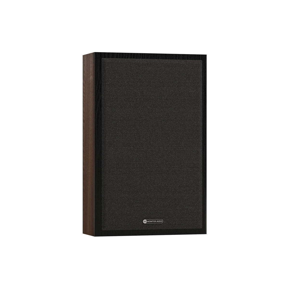 Monitor Audio Bronze On-Wall 7G in Walnut, angled view with grilles