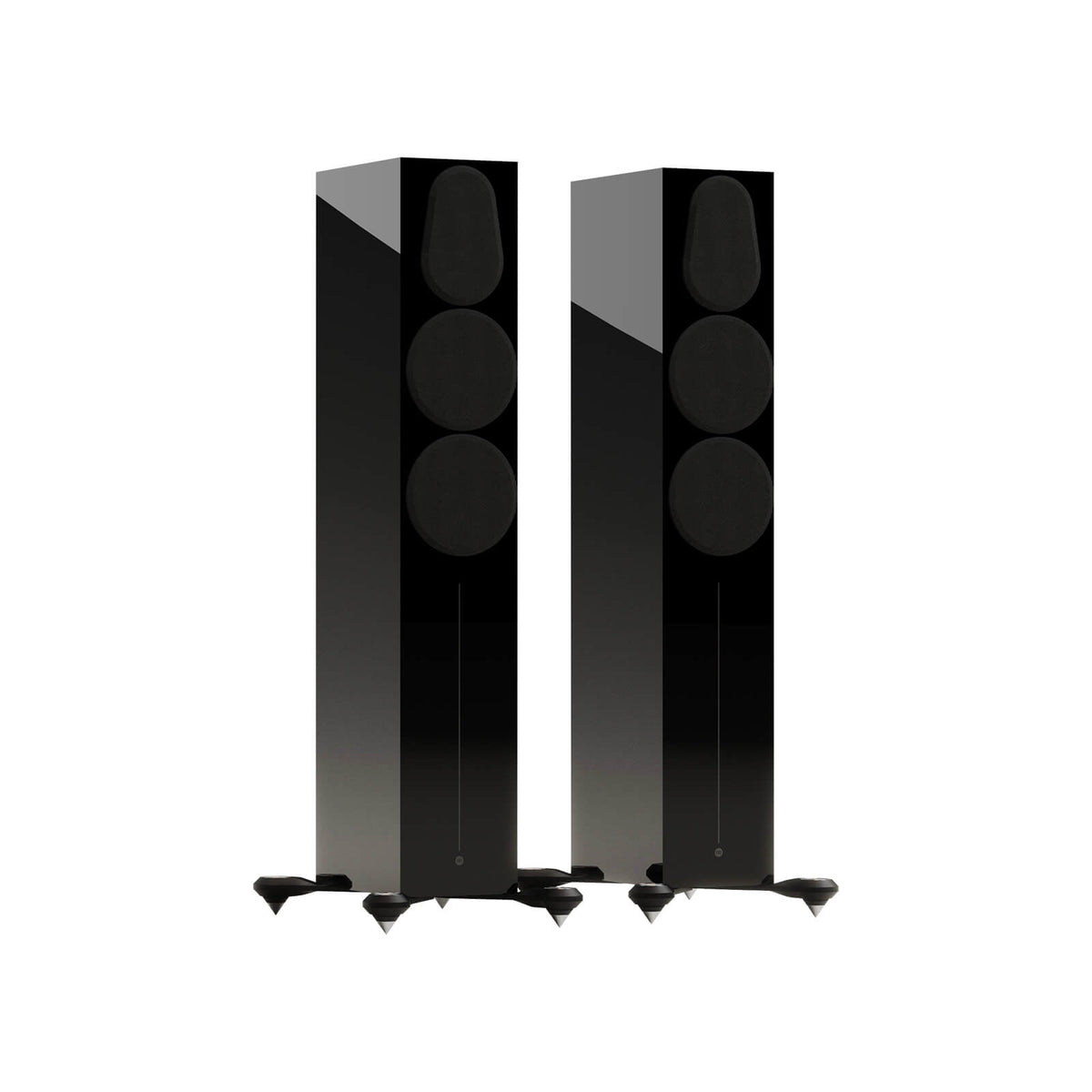 Monitor Audio Gold 300 6G in High Gloss Black, angled view with grilles