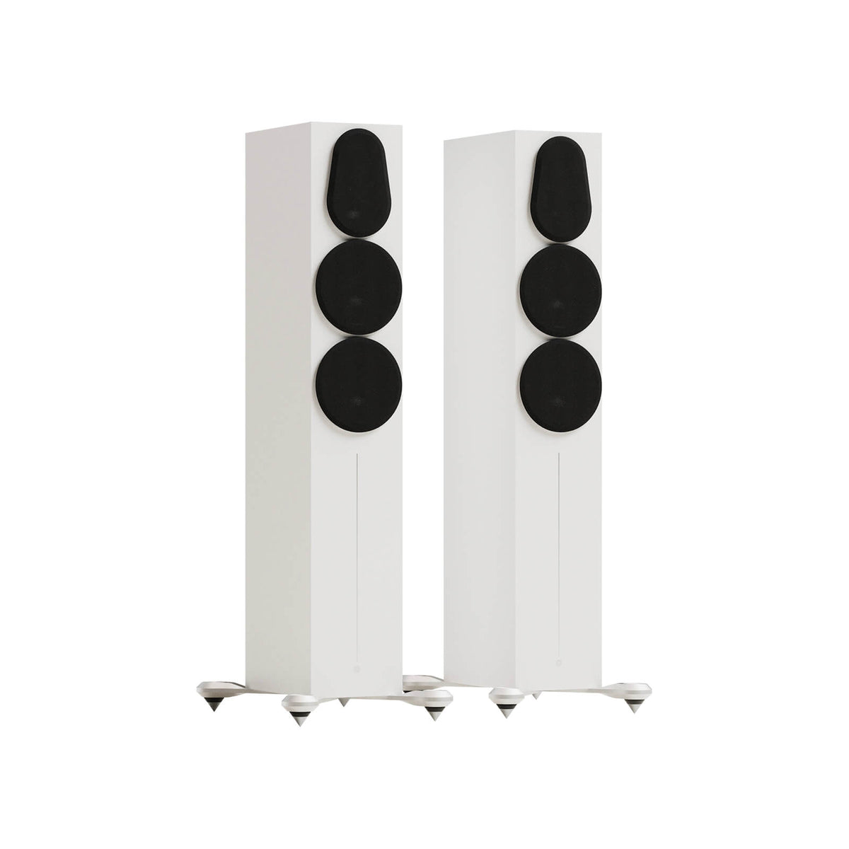 Monitor Audio Gold 300 6G in Satin White, angled view with grilles