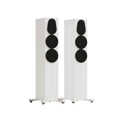 Monitor Audio Gold 300 6G in Satin White, angled view with grilles