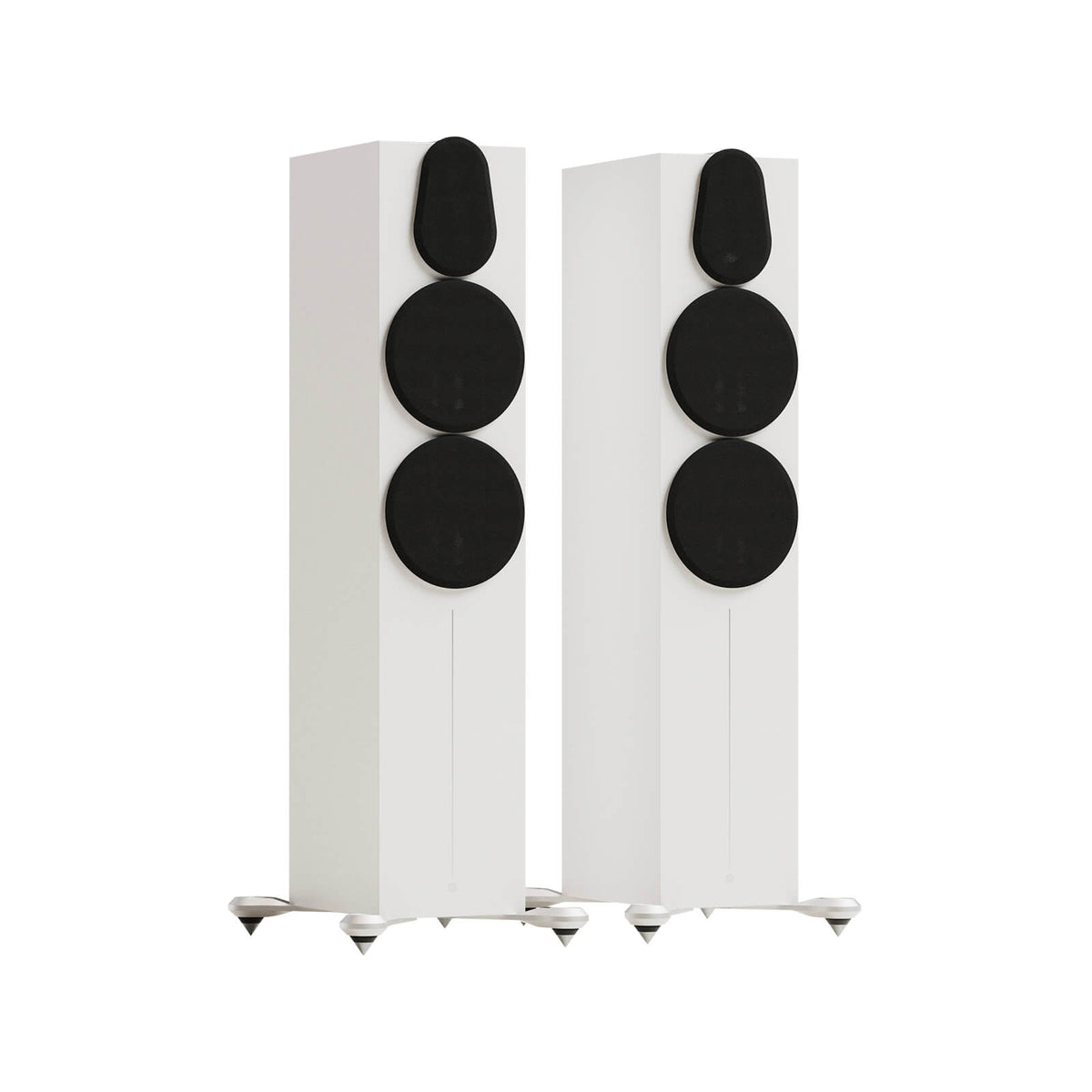 Monitor Audio Gold 500 6G in Satin White, angled view with grilles