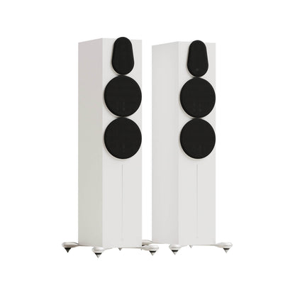 Monitor Audio Gold 500 6G in Satin White, angled view with grilles