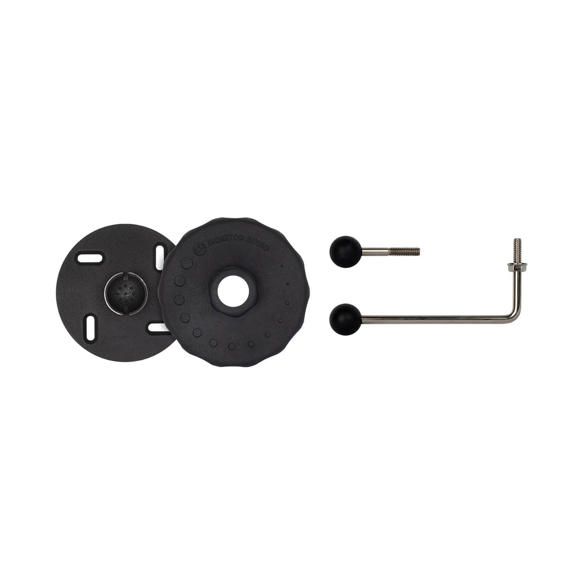 Monitor Audio MASM Universal Speaker Bracket in Black, parts laid out