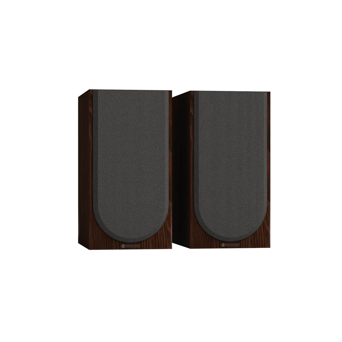 Monitor Audio Silver 100 8G in European Walnut, angled view with grilles