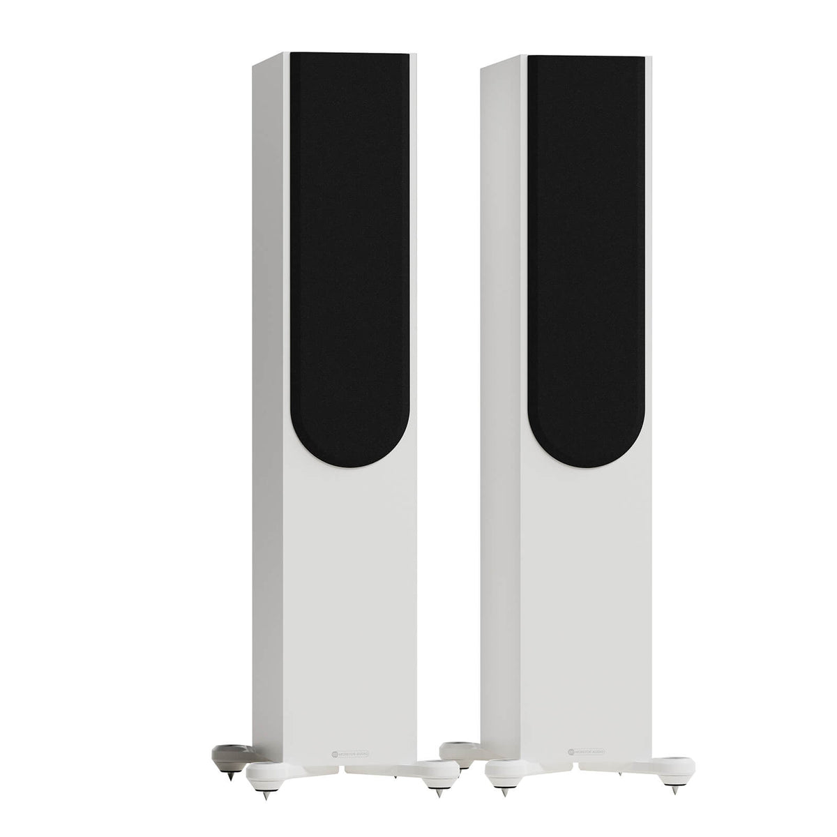 Monitor Audio Silver 300 8G in Satin White, angled view with grilles