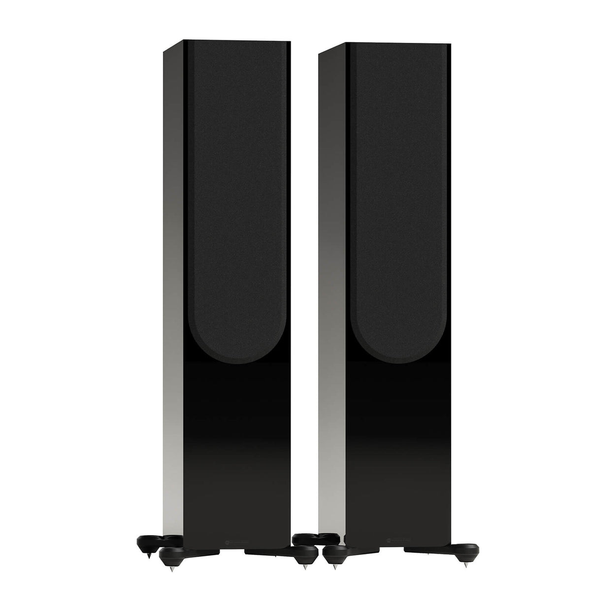 Monitor Audio Silver 500 8G in High Gloss Black, angled view with grilles