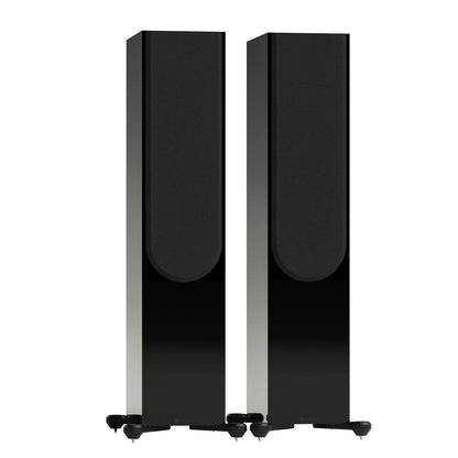 Monitor Audio Silver 500 8G in High Gloss Black, angled view with grilles