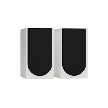 Monitor Audio Silver 50 8G in Satin White, angled view with grilles