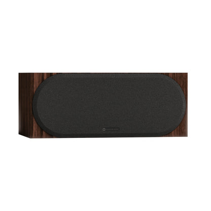 Monitor Audio Silver Centre 8G in European Walnut, angled view with grilles