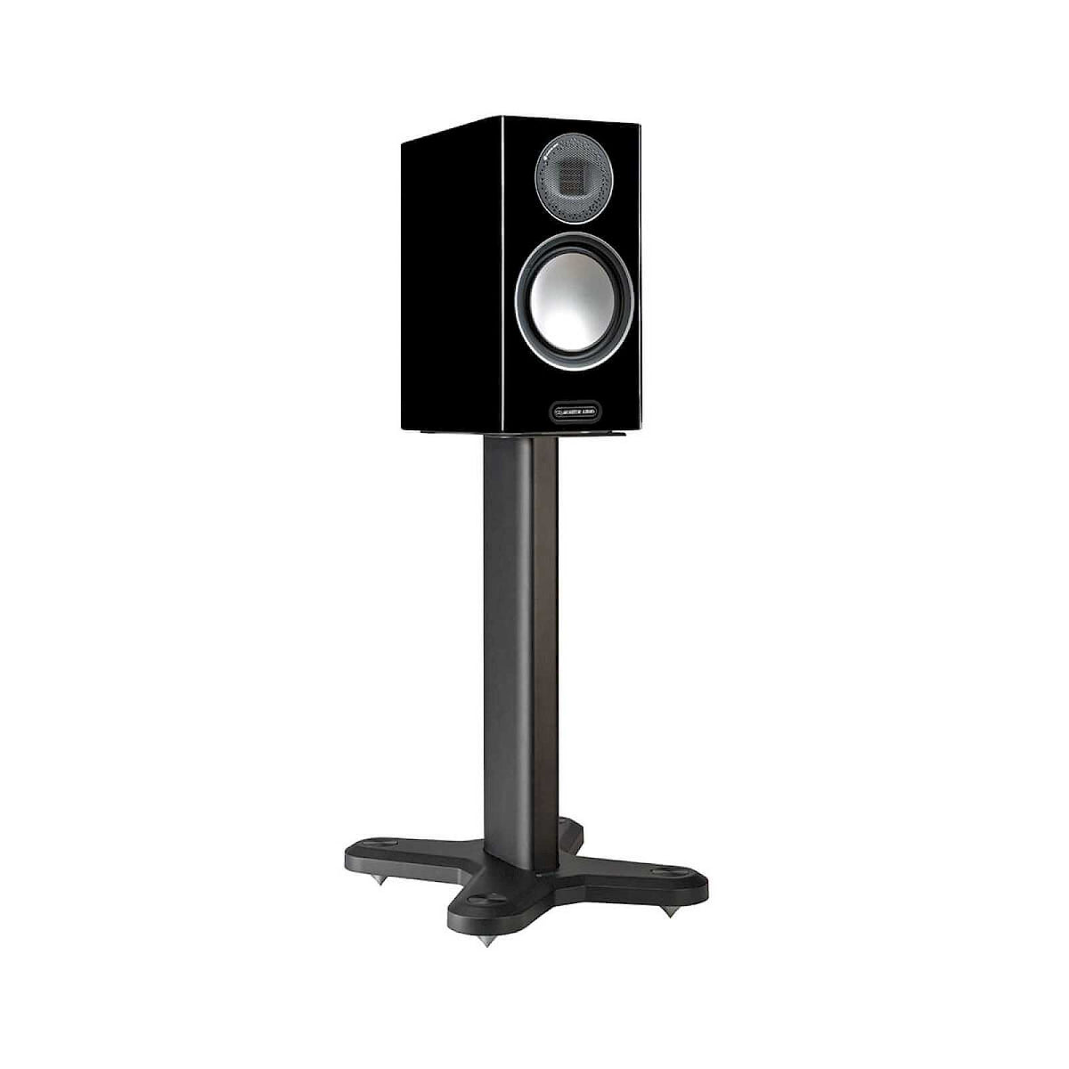 Monitor Audio ST-2 Universal Stand in Matte Black, angled view with a Gold 100 6G speaker