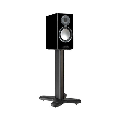 Monitor Audio ST-2 Universal Stand in Matte Black, angled view with a Gold 100 6G speaker