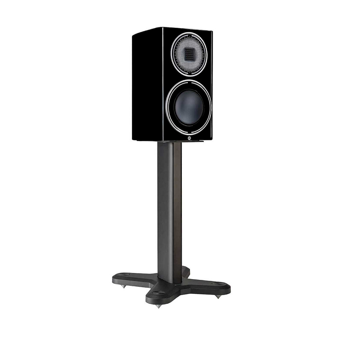 Monitor Audio ST-2 Universal Stand in Matte Black, angled view with a Platinum 100 3G speaker