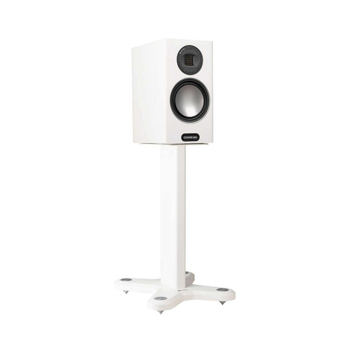 Monitor Audio ST-2 Universal Stand in Matte White, angled view with a Gold 100 6G speaker