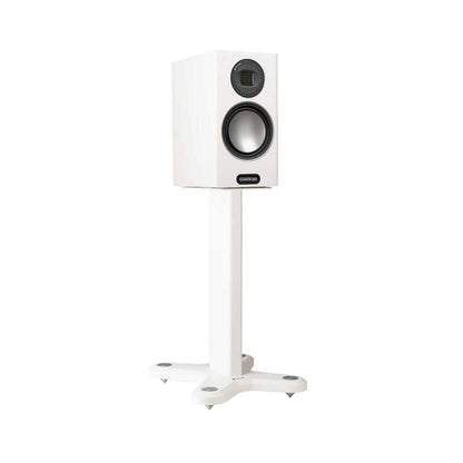 Monitor Audio ST-2 Universal Stand in Matte White, angled view with a Gold 100 6G speaker