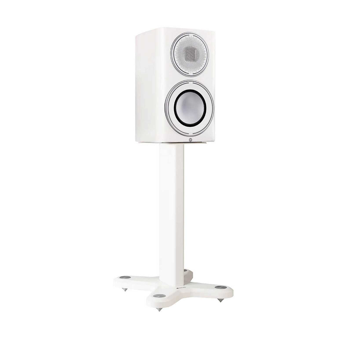 Monitor Audio ST-2 Universal Stand in Matte White, angled view with a Platinum 100 3G speaker
