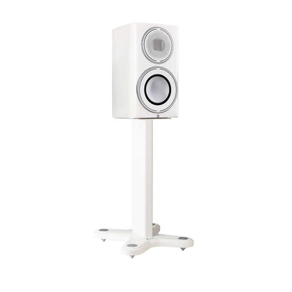 Monitor Audio ST-2 Universal Stand in Matte White, angled view with a Platinum 100 3G speaker