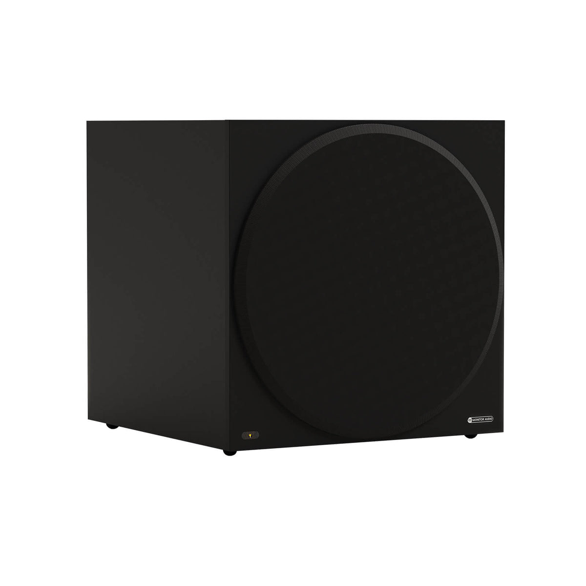 Monitor Audio Vestra W15 in Matte Black, angled view with grille